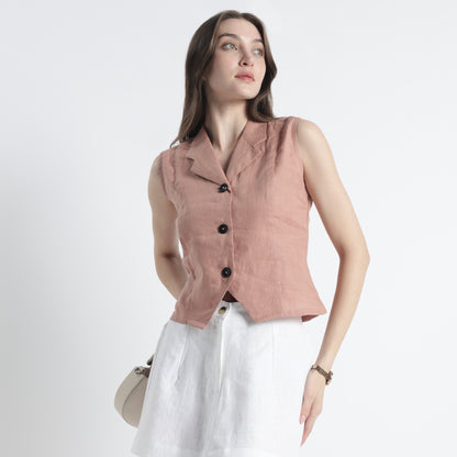 Laura – Tailored Notch Lapel Linen Vest Top – Clay