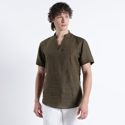 Tovi – Premium Linen V-Neck T-Shirt – Dark Olive