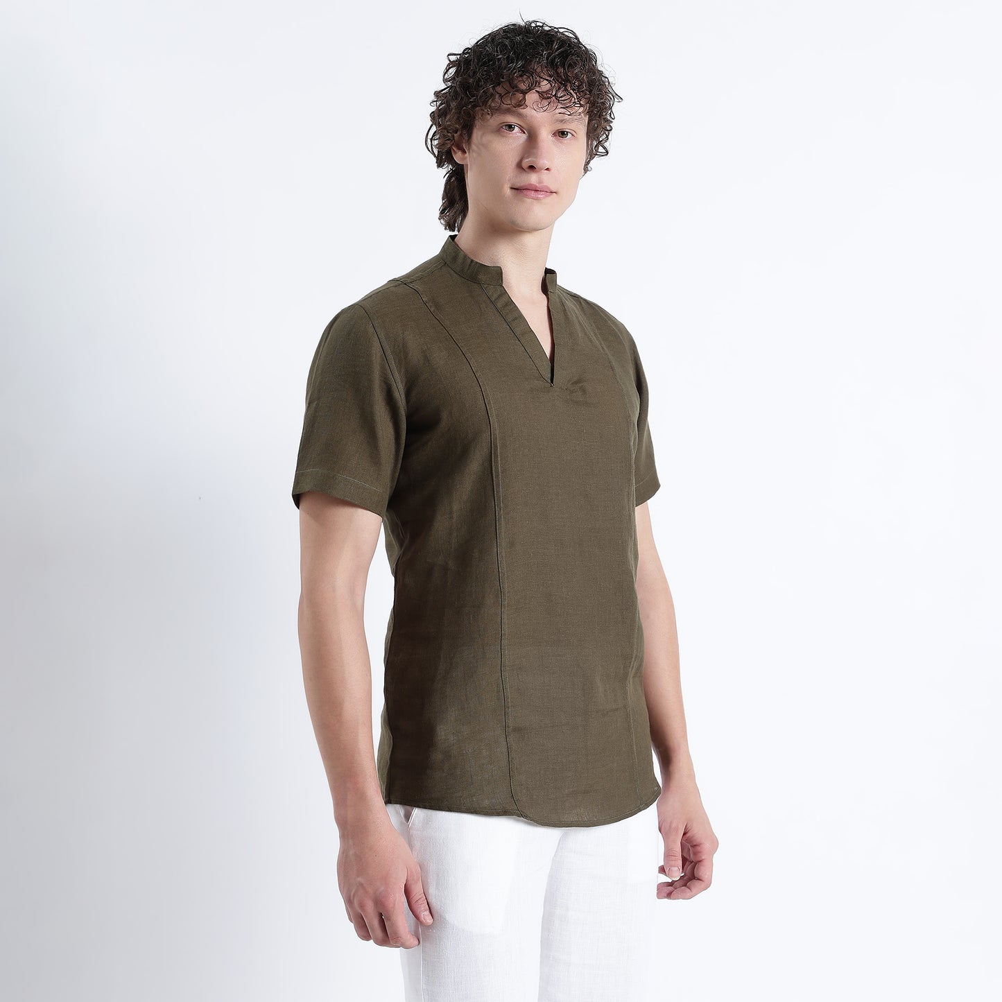 Tovi – Premium Linen V-Neck T-Shirt – Dark Olive