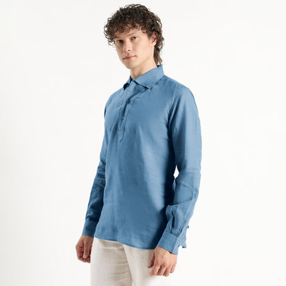 Zaffiro – Premium Half-Placket Linen Shirt – Steel Blue