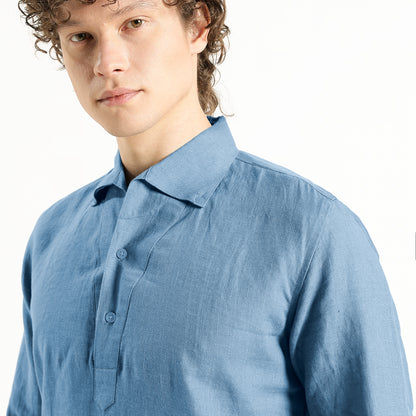 Zaffiro – Premium Half-Placket Linen Shirt – Steel Blue