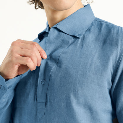 Zaffiro – Premium Half-Placket Linen Shirt – Steel Blue