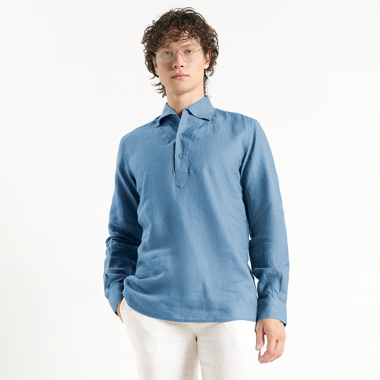 Zaffiro – Premium Half-Placket Linen Shirt – Steel Blue