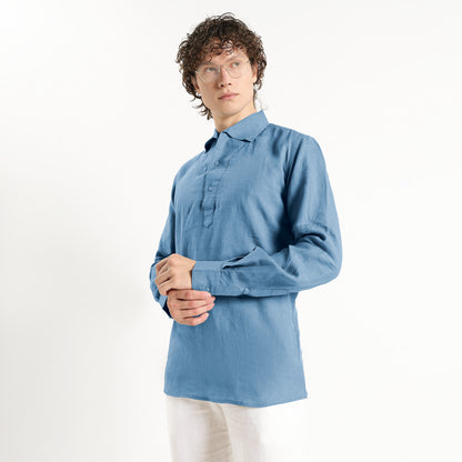 Zaffiro – Premium Half-Placket Linen Shirt – Steel Blue