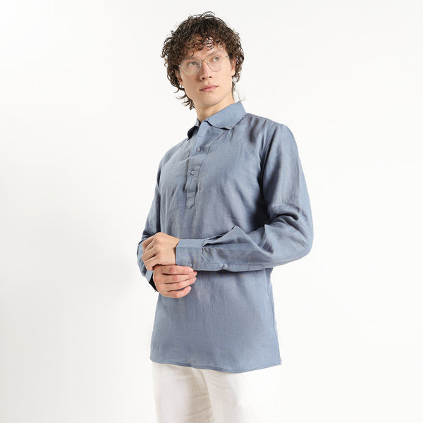 Zaffiro – Premium Half-Placket Linen Shirt – Steel Blue