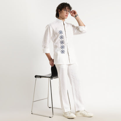 Symbol – Snowflake Embroidered Linen Shirt – Blanc