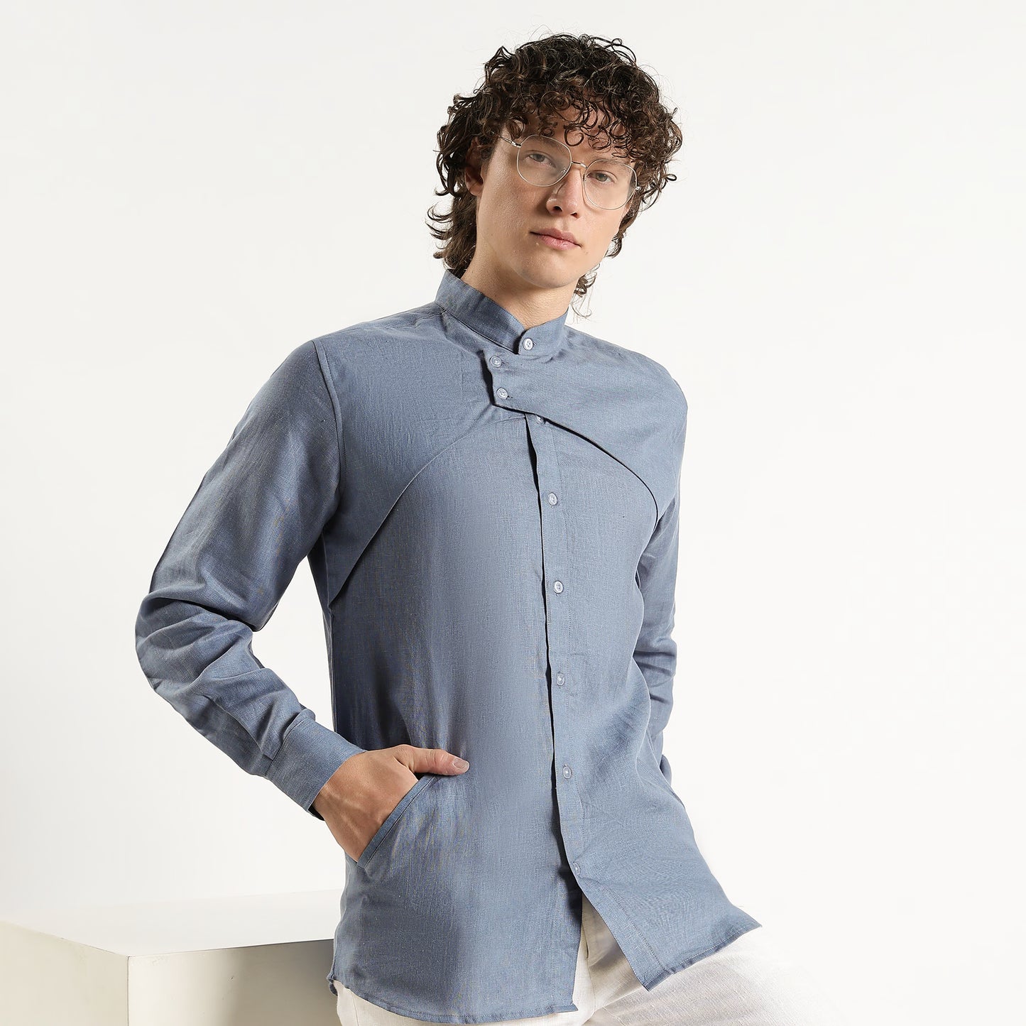 Lume – Premium Tulip Overlay Linen Shirt – Steel Blue