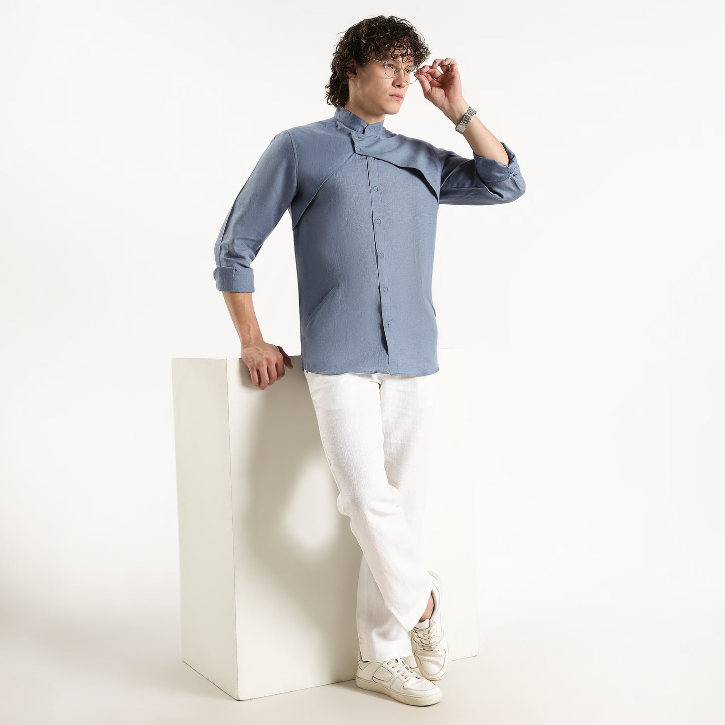 Lume – Premium Tulip Overlay Linen Shirt – Steel Blue