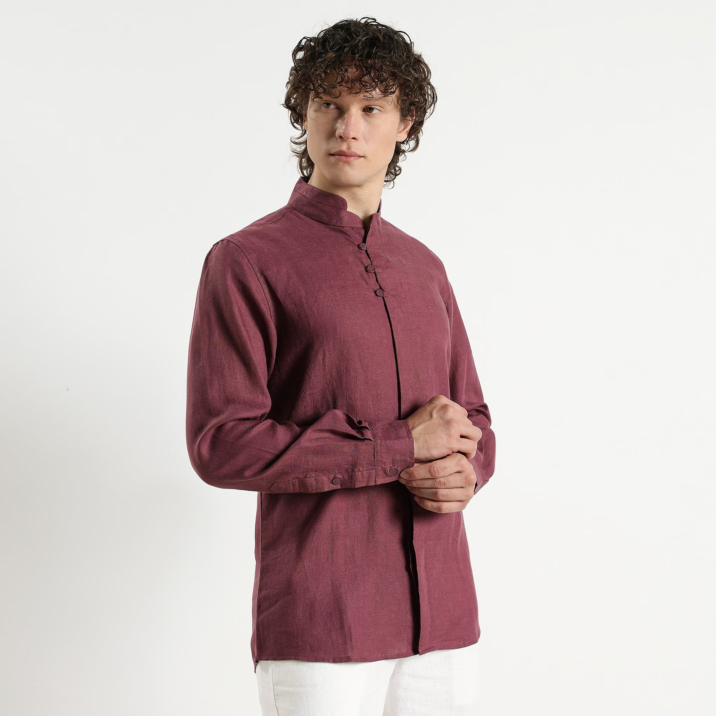 Vino – Premium High Collar Linen Shirt – Wine