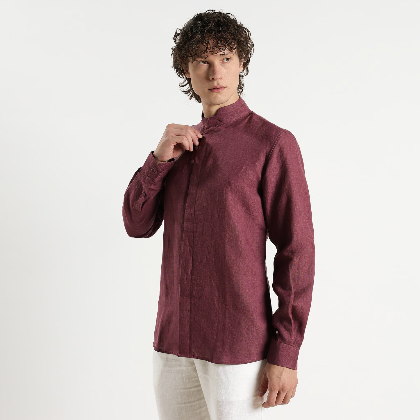 Vino – Premium High Collar Linen Shirt – Wine