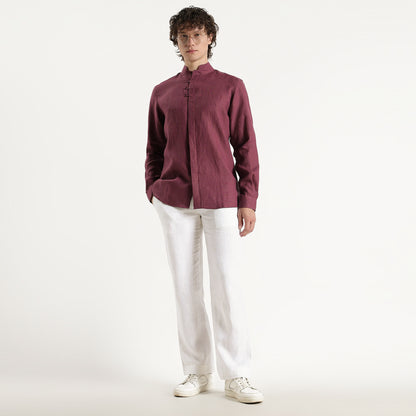 Vino – Premium High Collar Linen Shirt – Wine