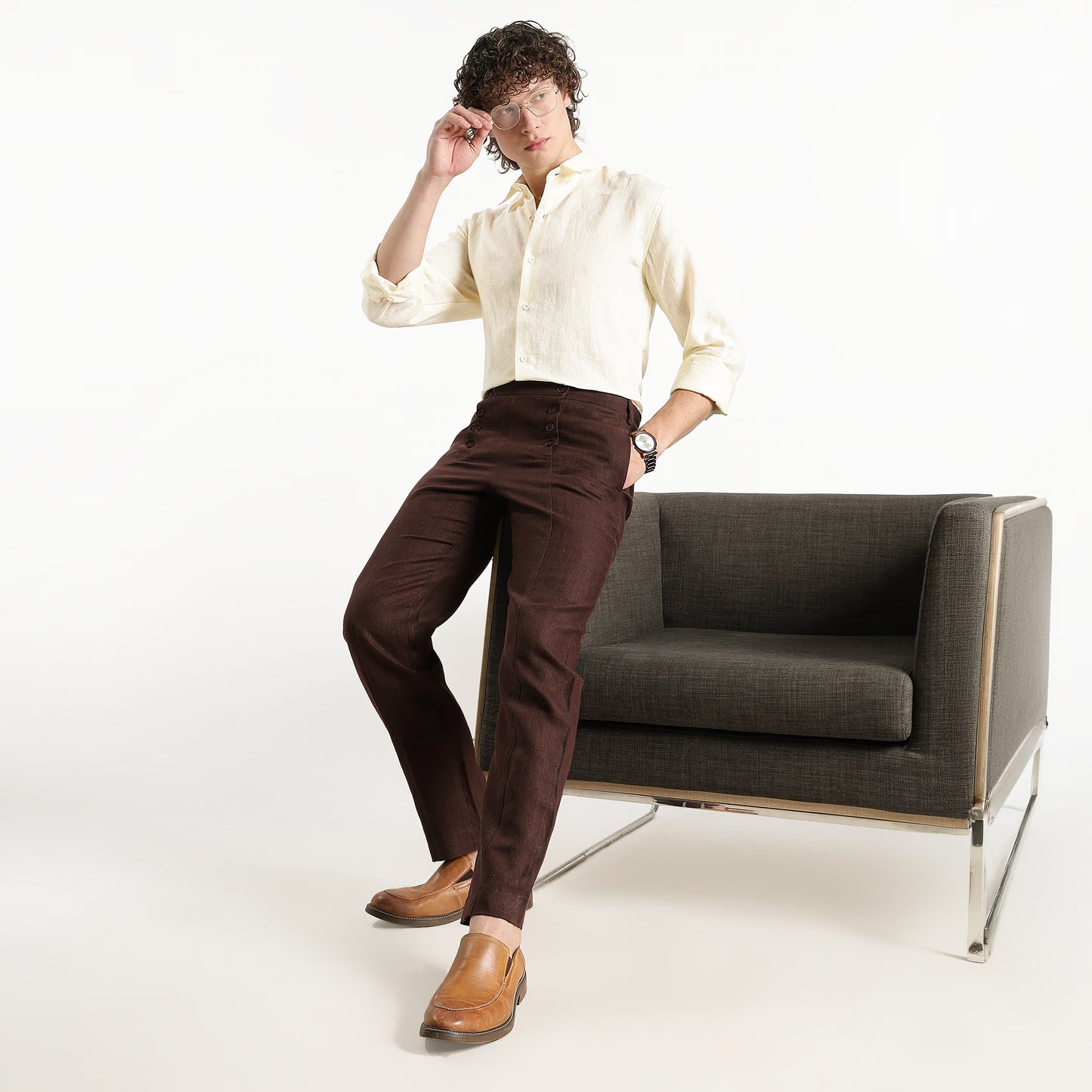 Urbano – Premium Sailor Button Linen Trousers – Coffee