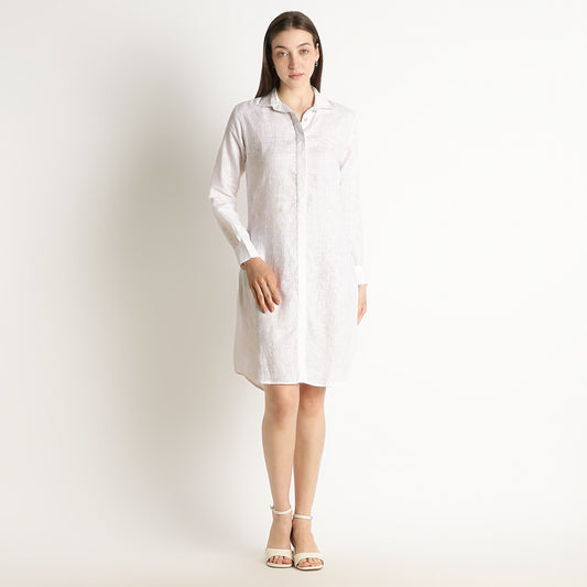Elara – Luxury Minimal Shirt-Style 40 Lea 100% Pure Linen Dress – Blanc