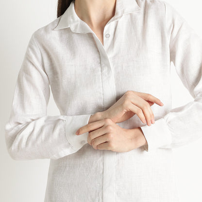 Elara – Luxury Minimal Shirt-Style 40 Lea 100% Pure Linen Dress – Blanc