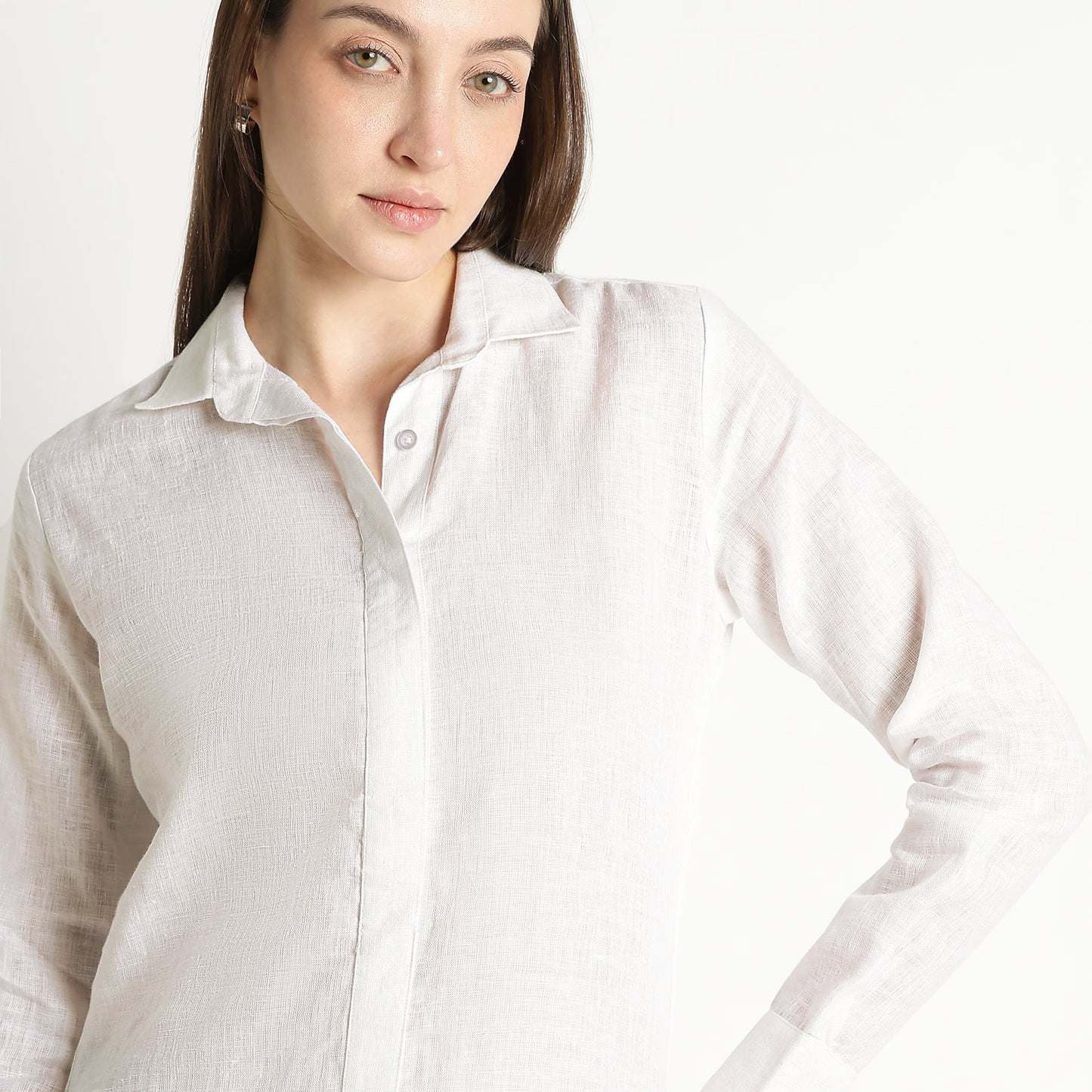 Elara – Luxury Minimal Shirt-Style 40 Lea 100% Pure Linen Dress – Blanc