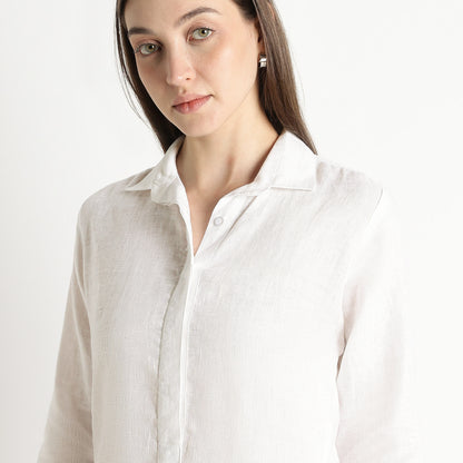 Elara – Luxury Minimal Shirt-Style 40 Lea 100% Pure Linen Dress – Blanc