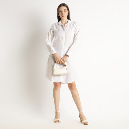 Elara – Luxury Minimal Shirt-Style 40 Lea 100% Pure Linen Dress – Blanc