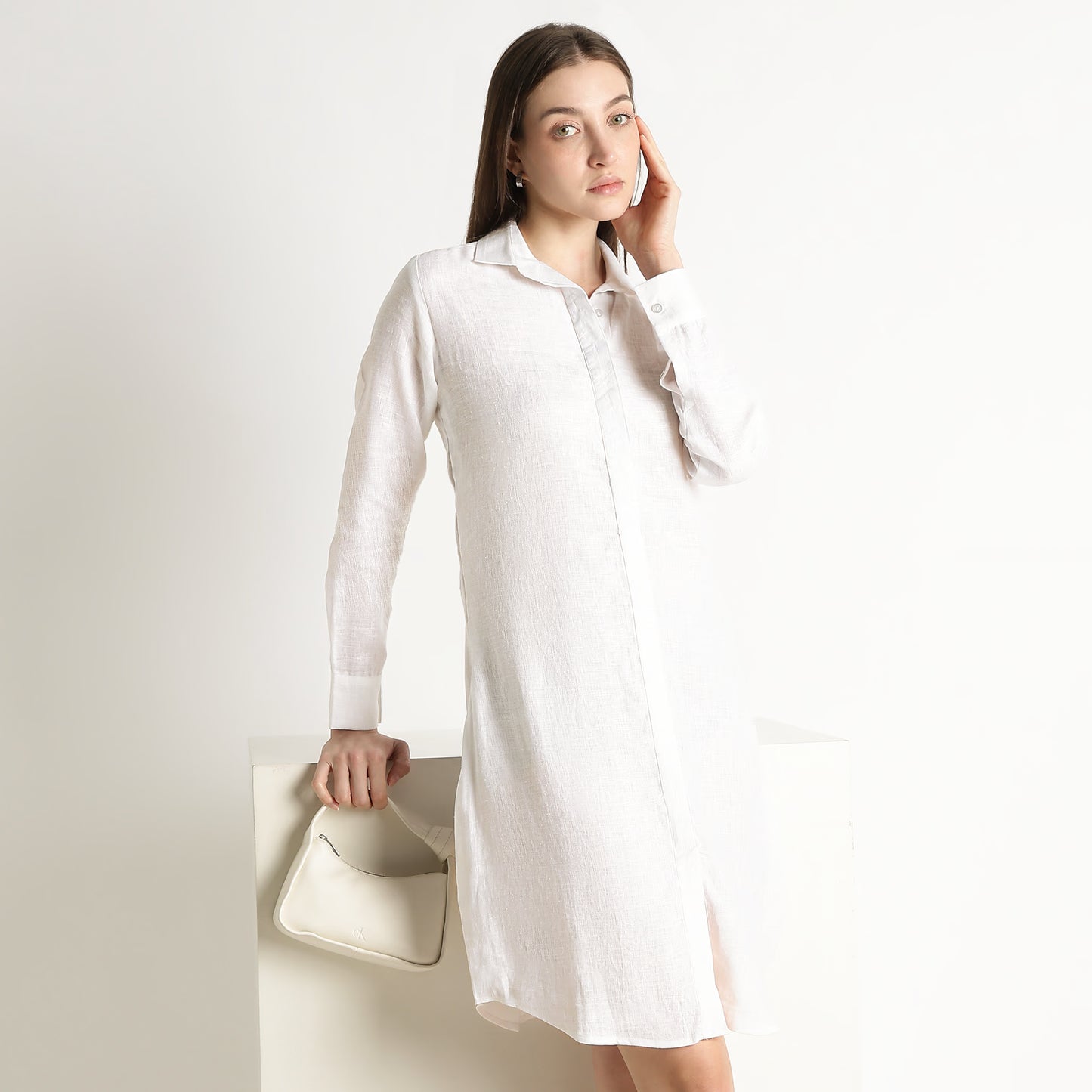 Elara – Luxury Minimal Shirt-Style 40 Lea 100% Pure Linen Dress – Blanc
