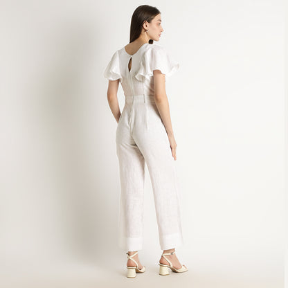 Verona – Fluid Ruffle Sleeve Linen Jumpsuit – Blanc