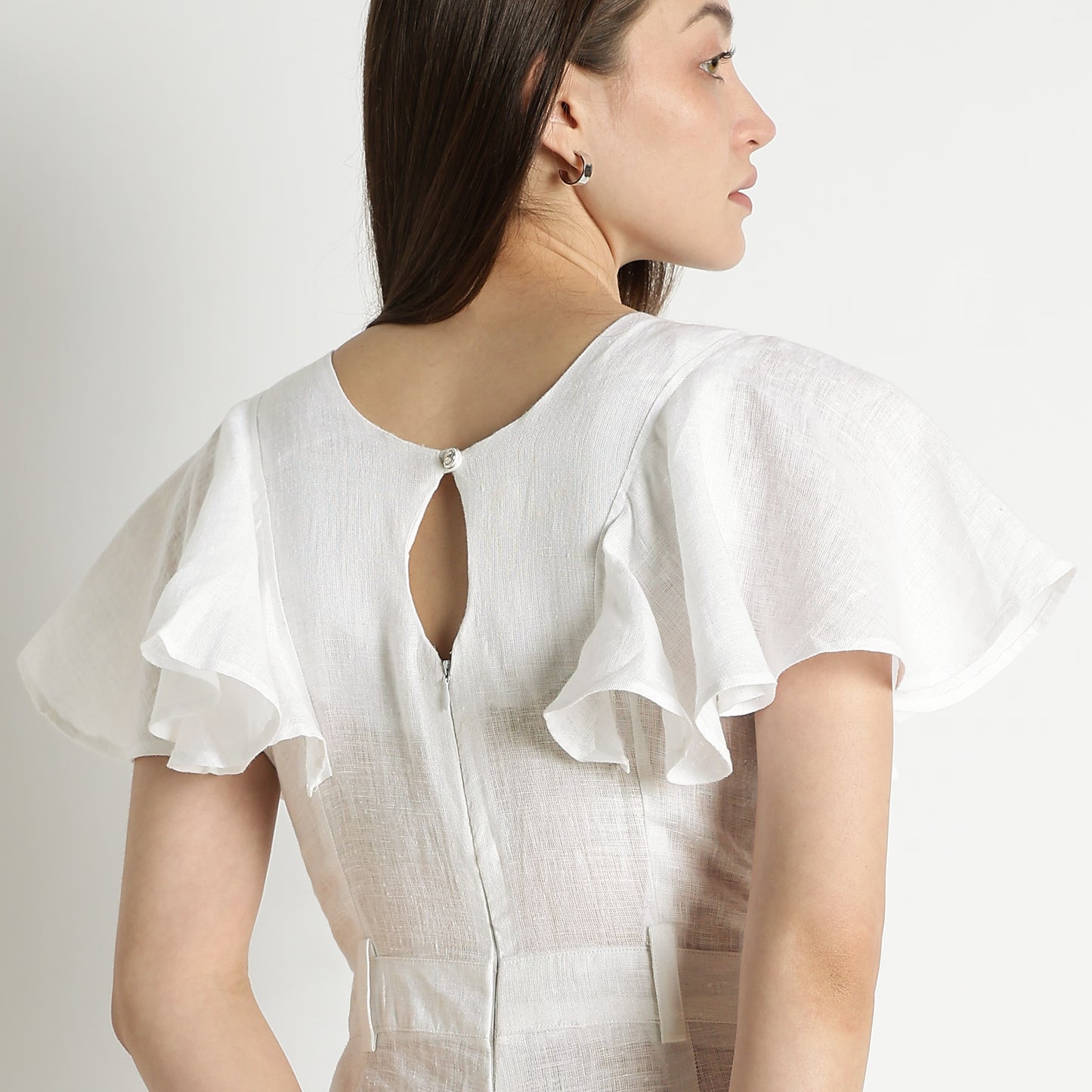 Verona – Fluid Ruffle Sleeve Linen Jumpsuit – Blanc