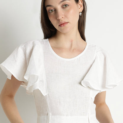 Verona – Fluid Ruffle Sleeve Linen Jumpsuit – Blanc