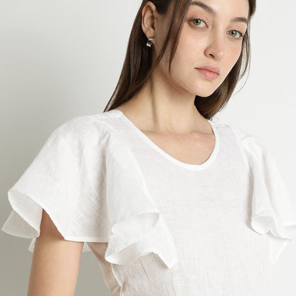 Verona – Fluid Ruffle Sleeve Linen Jumpsuit – Blanc