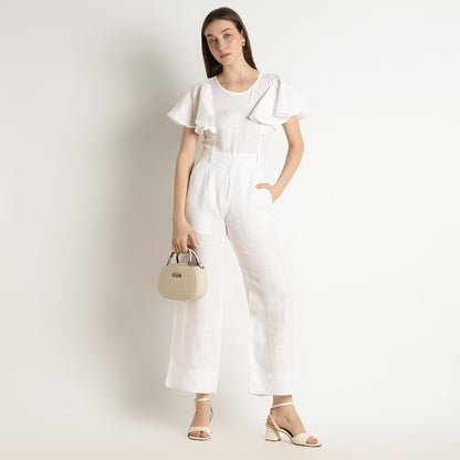 Verona – Fluid Ruffle Sleeve Linen Jumpsuit – Blanc
