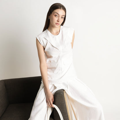 Athena – Premium Tulip Lapel Linen Gilet – Blanc