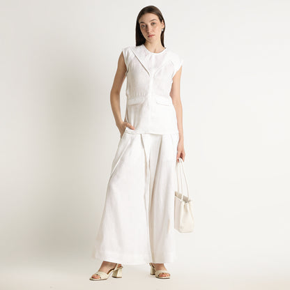 Athena – Premium Tulip Lapel Linen Gilet – Blanc