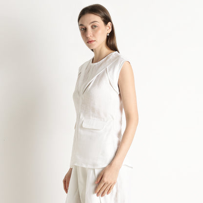 Athena – Premium Tulip Lapel Linen Gilet – Blanc