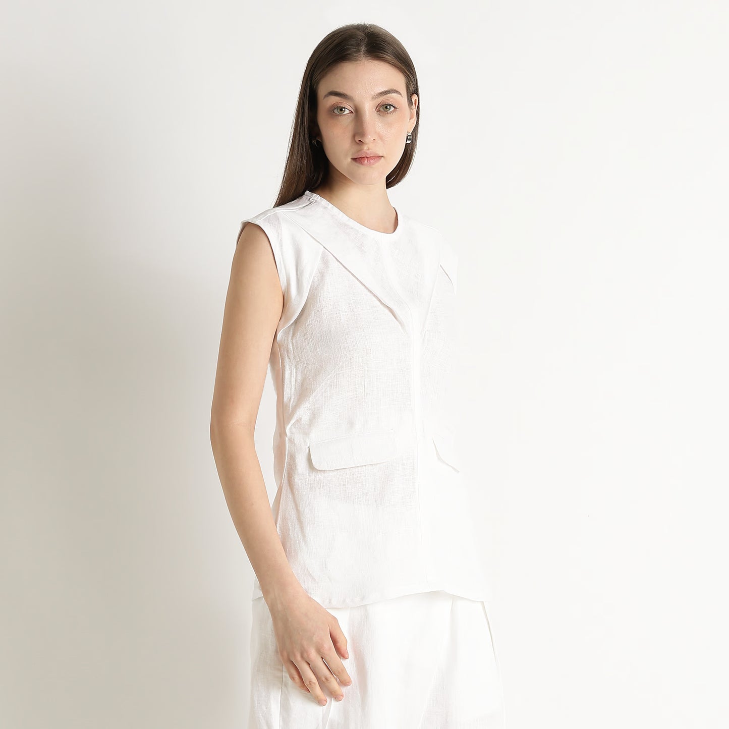 Athena – Premium Tulip Lapel Linen Gilet – Blanc