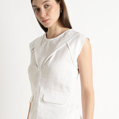 Athena – Premium Tulip Lapel Linen Gilet – Blanc