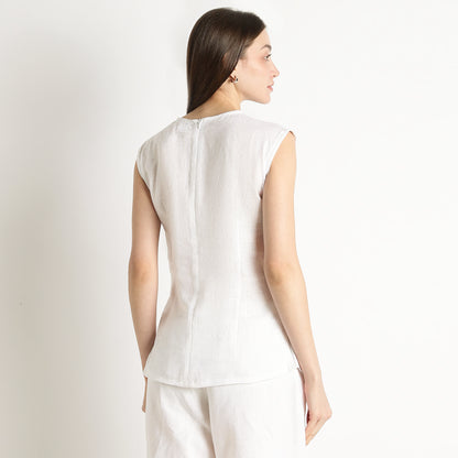 Athena – Premium Tulip Lapel Linen Gilet – Blanc