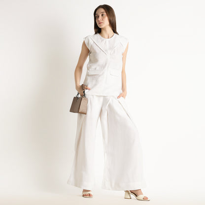 Audrey – Premium Pleated Wide-Leg Linen Trousers – Blanc