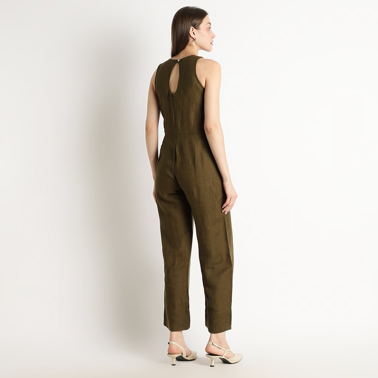 Velora – Sleeveless Wide-Leg Linen Jumpsuit – Dark Olive