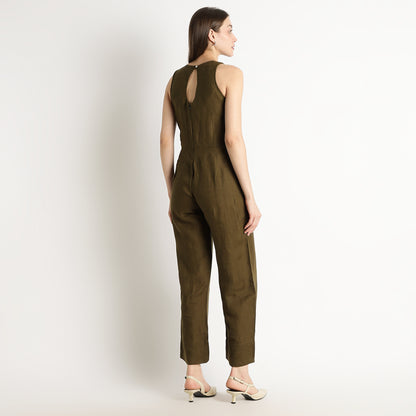 Velora – Sleeveless Wide-Leg Linen Jumpsuit – Dark Olive