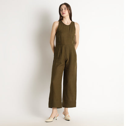 Velora – Sleeveless Wide-Leg Linen Jumpsuit – Dark Olive