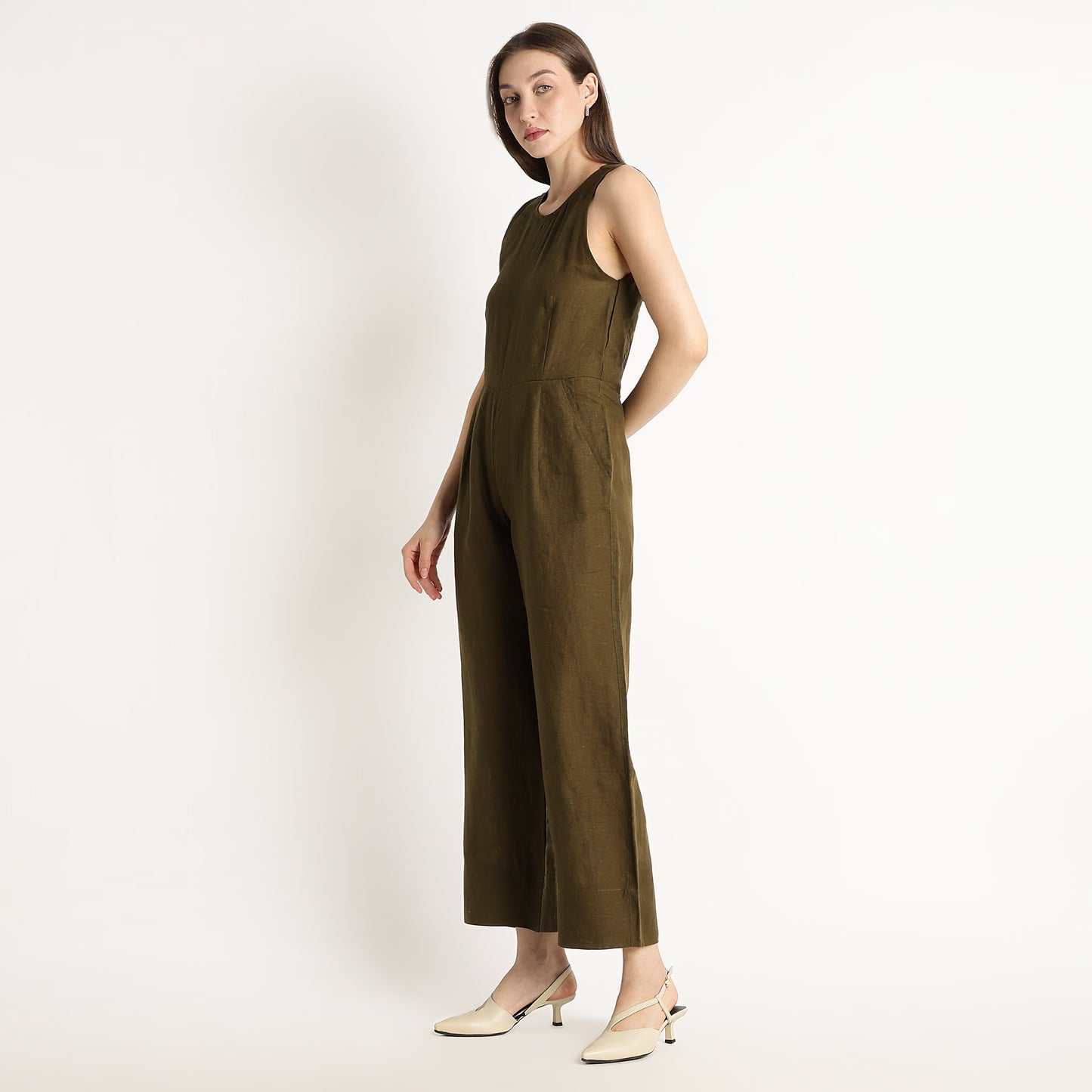 Velora – Sleeveless Wide-Leg Linen Jumpsuit – Dark Olive