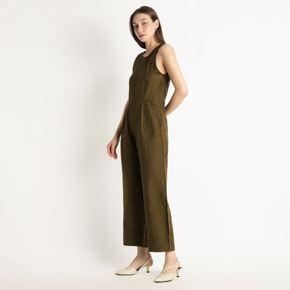 Velora – Sleeveless Wide-Leg Linen Jumpsuit – Dark Olive