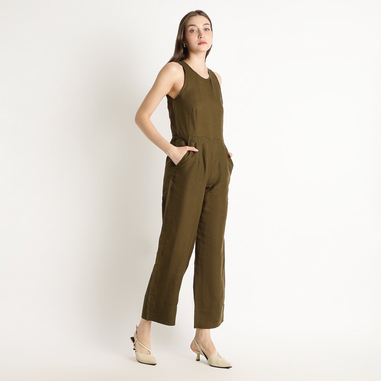 Velora – Sleeveless Wide-Leg Linen Jumpsuit – Dark Olive