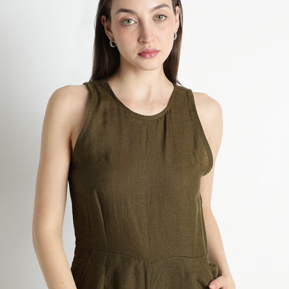 Velora – Sleeveless Wide-Leg Linen Jumpsuit – Dark Olive