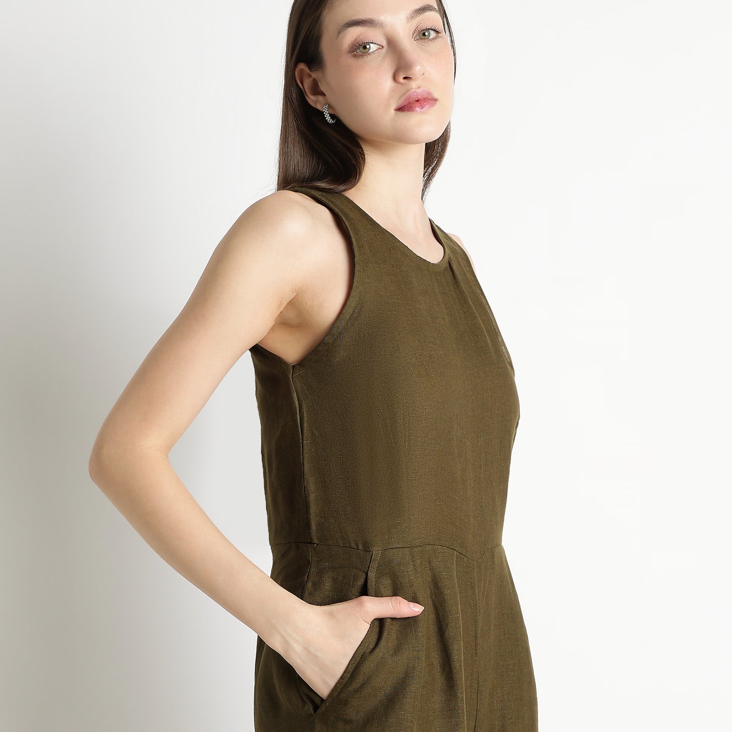 Velora – Sleeveless Wide-Leg Linen Jumpsuit – Dark Olive