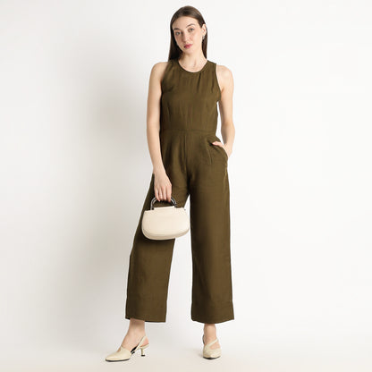 Velora – Sleeveless Wide-Leg Linen Jumpsuit – Dark Olive
