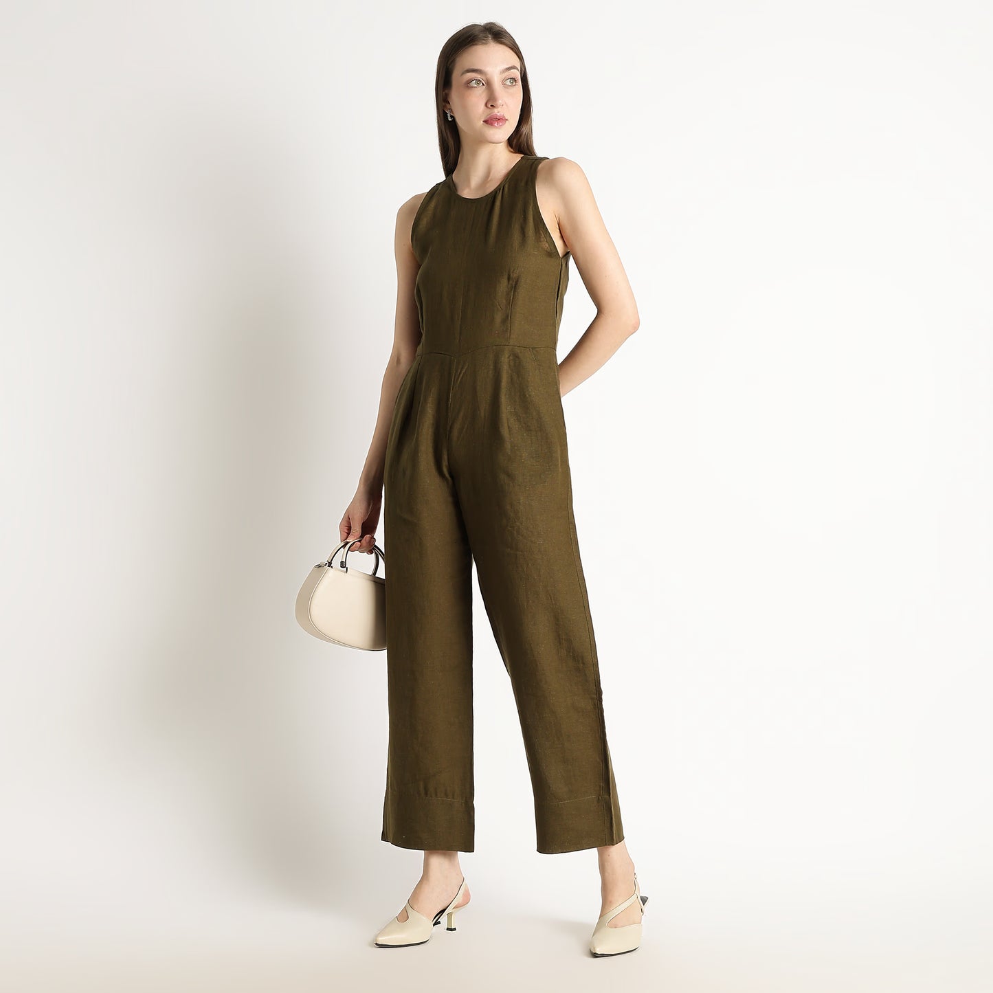 Velora – Sleeveless Wide-Leg Linen Jumpsuit – Dark Olive