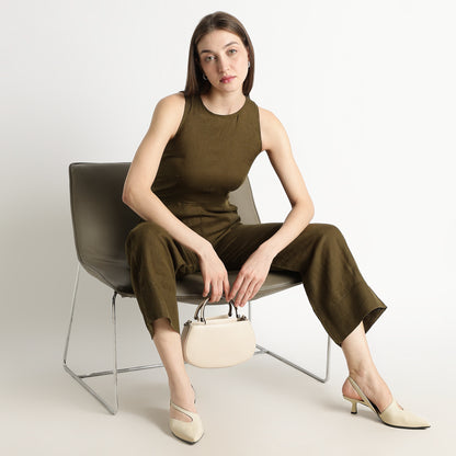 Velora – Sleeveless Wide-Leg Linen Jumpsuit – Dark Olive