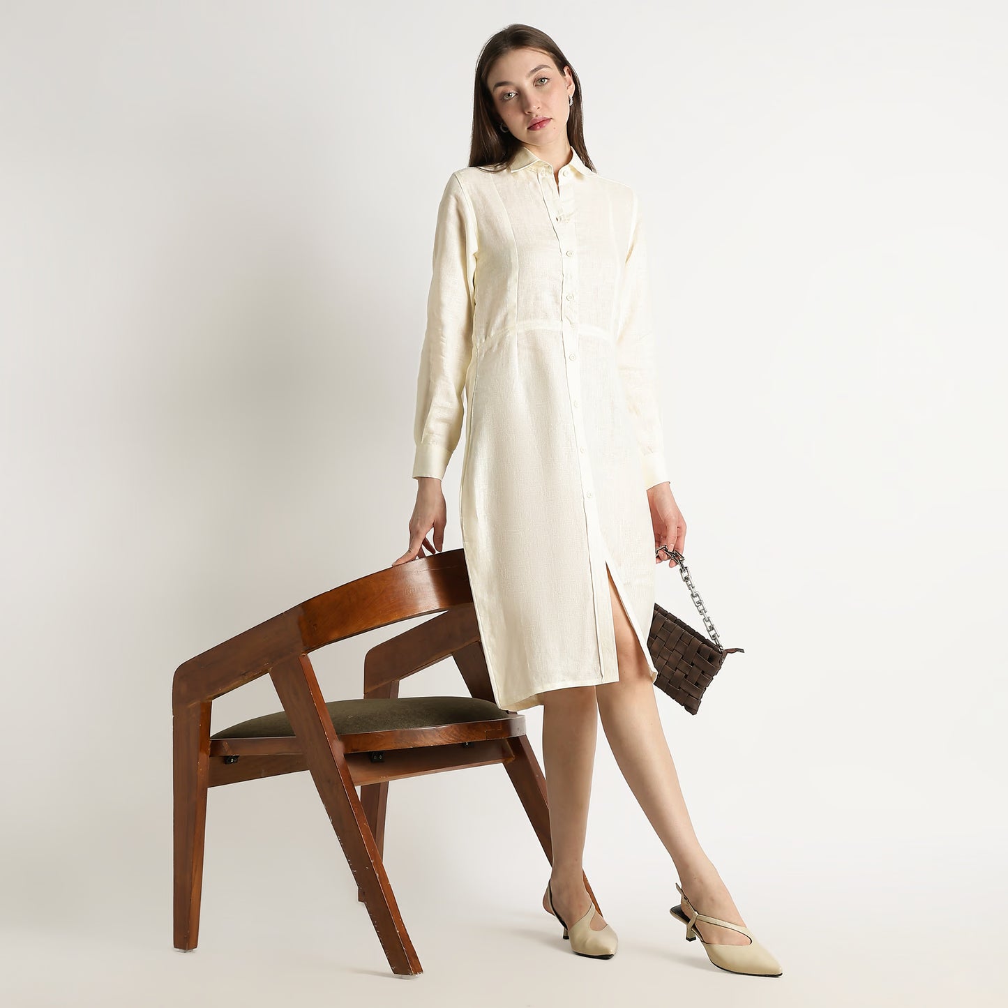 Aurelia – Premium Sculpted Hourglass Linen Shirt Dress – Ivory