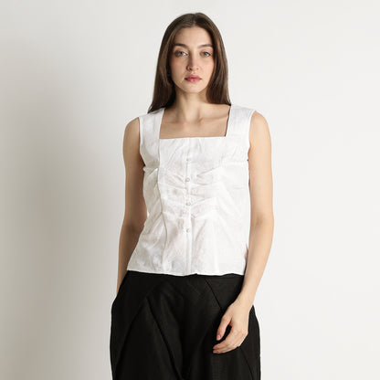 Diana – Premium Sculpted Bustlock Linen Top – Blanc