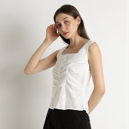 Diana – Premium Sculpted Bustlock Linen Top – Blanc