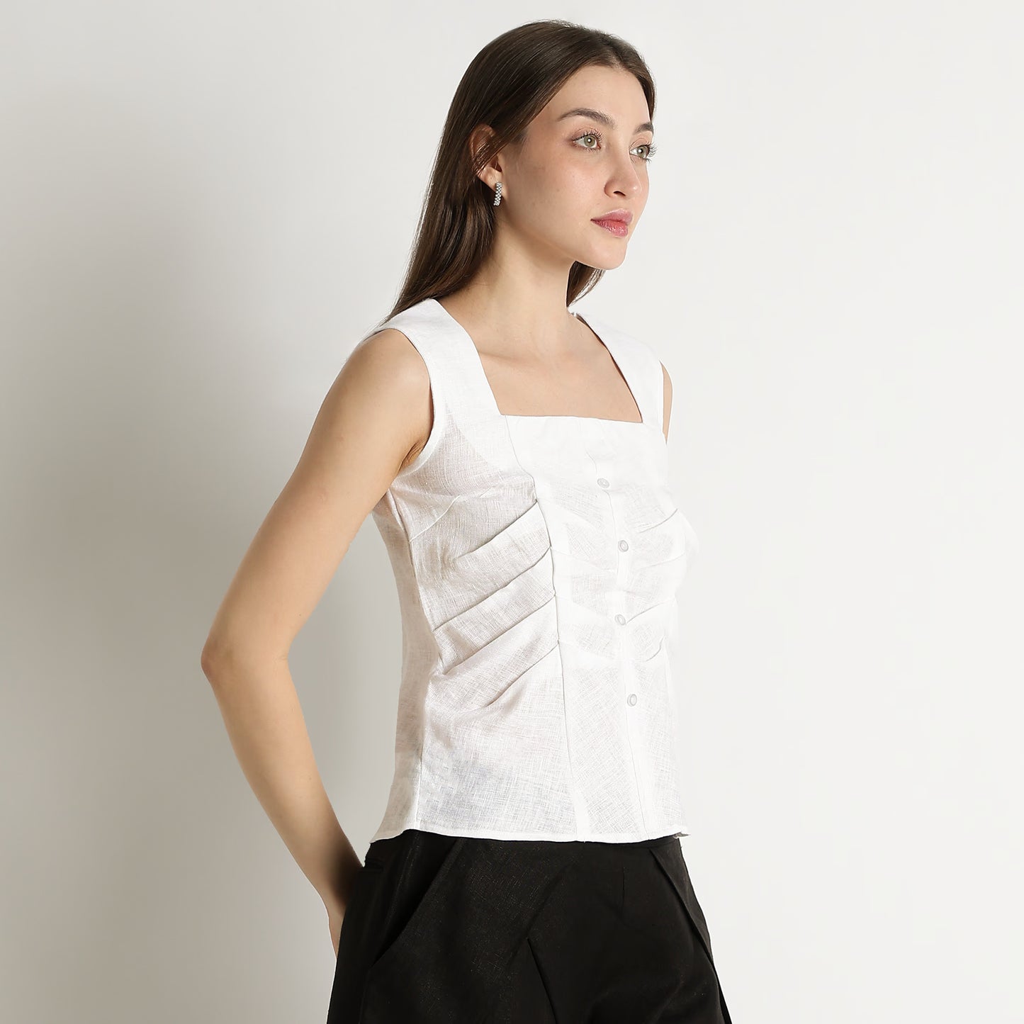 Diana – Premium Sculpted Bustlock Linen Top – Blanc