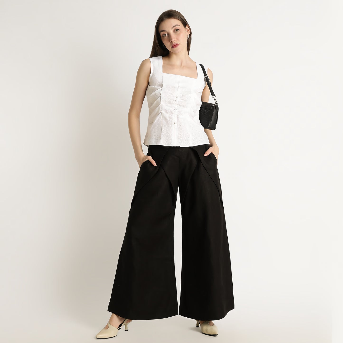 Diana – Premium Sculpted Bustlock Linen Top – Blanc